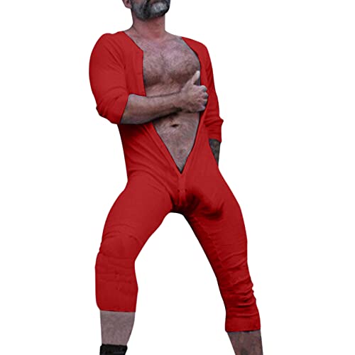Caxndycing Jumpsuit Herren Einteiler Body Bodysuit Erwachsene Strampler Pyjama für Männer Einfarbige Thermounterwäsche Stretch Nachtwäsche Langarm Shirt Unterhemd Jumpsuit mit Knöpfen von Caxndycing