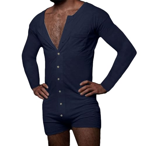 Caxndycing Jumpsuit Herren Einteiler Body Bodysuit Erwachsene Strampler Pyjama für Männer Einfarbige Thermounterwäsche Stretch Nachtwäsche Langarm Shirt Unterhemd Jumpsuit mit Knöpfen von Caxndycing