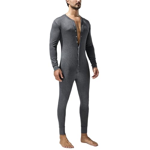 Caxndycing Jumpsuit Herren Einteiler Body Bodysuit Erwachsene Strampler Pyjama für Männer Einfarbige Thermounterwäsche Stretch Nachtwäsche Langarm Shirt Unterhemd Jumpsuit mit Knöpfen von Caxndycing