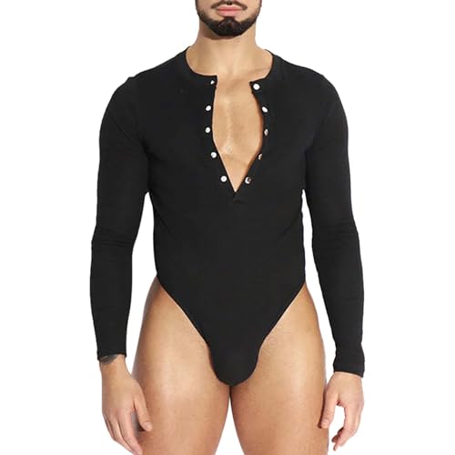 Caxndycing Jumpsuit Herren Einteiler Body Bodysuit Erwachsene Strampler Pyjama für Männer Einfarbige Thermounterwäsche Stretch Nachtwäsche Langarm Shirt Unterhemd Jumpsuit mit Knöpfen von Caxndycing