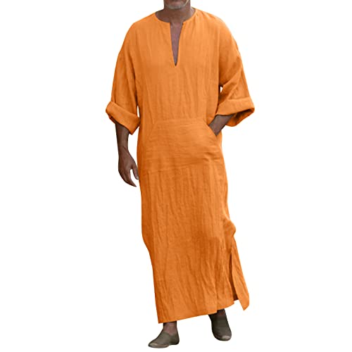 Caxndycing Kaftan Herren Jalabiya Herren Baumwolle Stehkragen Robe Arabische Kleidung Lang Muslimische Kleider Thobe Hemden Gebetskleidung für Männer Muslim Abaya Muslim Tunika von Caxndycing