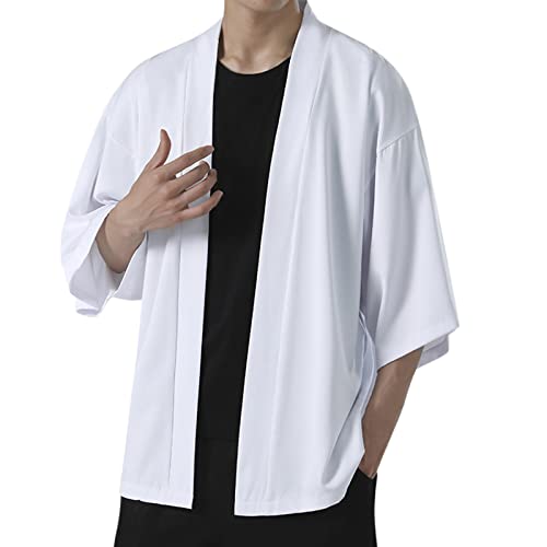 Caxndycing Kimono Cardigan Herren Einfarbig Japan Happi Kimono Shirts Yukata Open Front Mäntel Leicht Strickjacken Outwear Traditionelle Japanische Kleidung Taoistische Robe von Caxndycing