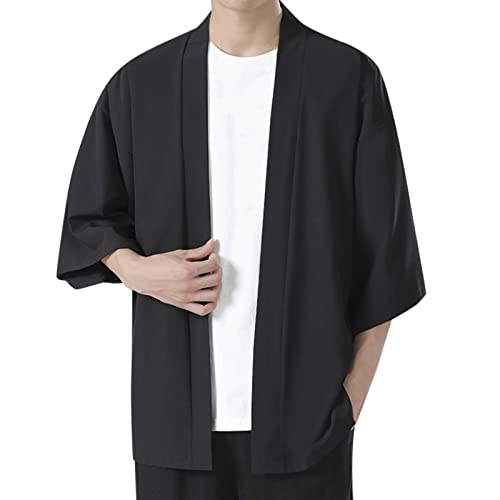 Caxndycing Kimono Cardigan Herren Traditionelle Japanische Kleidung Männliche Strickjacke Noragi Jacke Yukata Mantel Haori Einfarbig Japan Happi Kimono Shirts Lose 3/4 Ärmel Cardigan Jacke von Caxndycing