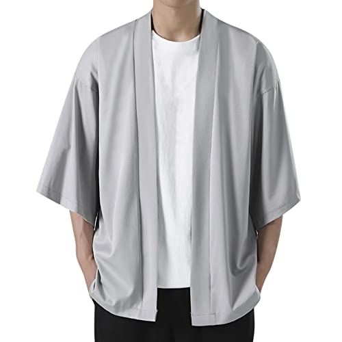 Caxndycing Kimono Cardigan Herren Traditionelle Japanische Kleidung Männliche Strickjacke Noragi Jacke Yukata Mantel Haori Einfarbig Japan Happi Kimono Shirts Lose 3/4 Ärmel Cardigan Jacke von Caxndycing