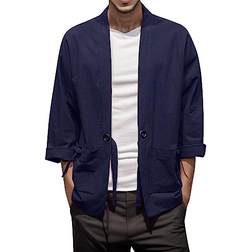 Caxndycing Kimono Cardigan Herren Traditionelle Japanische Kleidung Männliche Strickjacke Noragi Jacke Yukata Mantel Haori Einfarbig Japan Happi Kimono Shirts Lose 3/4 Ärmel Cardigan Jacke von Caxndycing