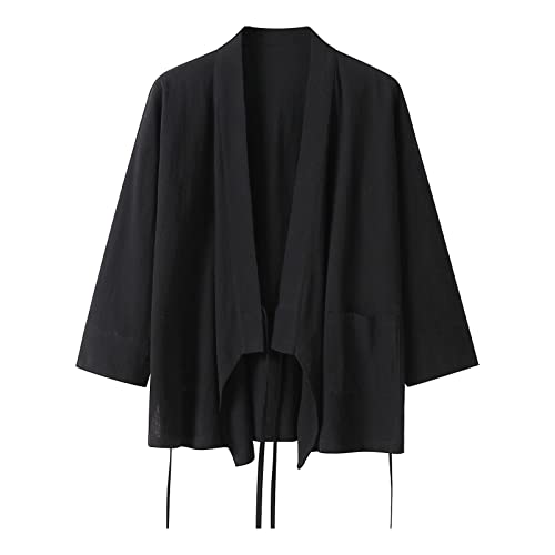 Caxndycing Kimono Cardigan Herren Traditionelle Japanische Kleidung Männliche Strickjacke Noragi Jacke Yukata Mantel Haori Einfarbig Japan Happi Kimono Shirts Lose 3/4 Ärmel Cardigan Jacke von Caxndycing