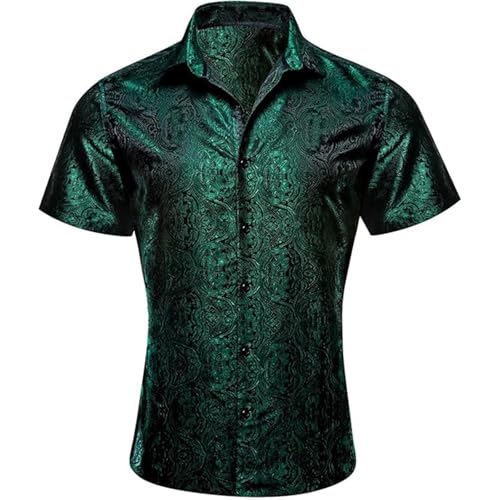Caxndycing Kurzarmhemd Herren Satin Jacquard Hemd Kurzarm Seide Freizeithemden Luxuriöses Elegant Businesshemd Button Down Sommerhemd Lässig Stehkragenhemd Trachtenhemd von Caxndycing