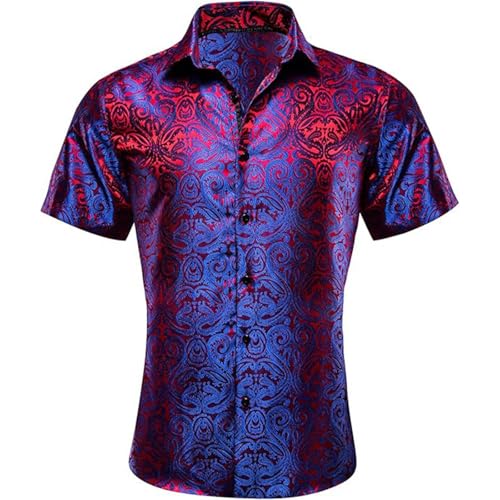 Caxndycing Kurzarmhemd Herren Satin Jacquard Hemd Kurzarm Seide Freizeithemden Luxuriöses Elegant Businesshemd Button Down Sommerhemd Lässig Stehkragenhemd Trachtenhemd von Caxndycing