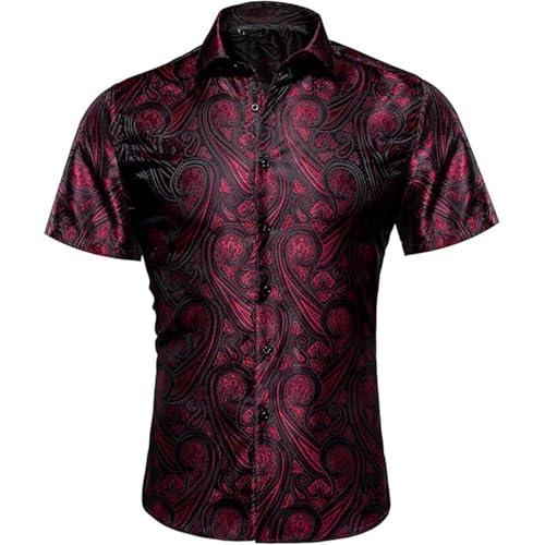 Caxndycing Kurzarmhemd Herren Satin Jacquard Hemd Kurzarm Seide Freizeithemden Luxuriöses Elegant Businesshemd Button Down Sommerhemd Lässig Stehkragenhemd Trachtenhemd von Caxndycing