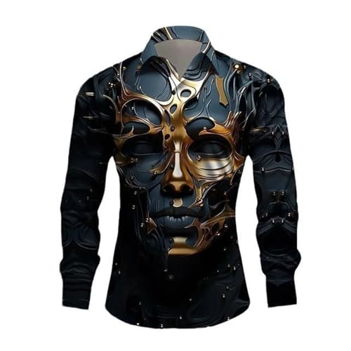 Caxndycing Langarmhemd Herren mit Totenkopf-Print Lässiges 3D-Digital-Kreativdruck-Hemd Hawaiihemd Party Halloween Bedrucktes Hemden Langarm Umlegekragen Kostüm Versteckte Knopfleiste von Caxndycing