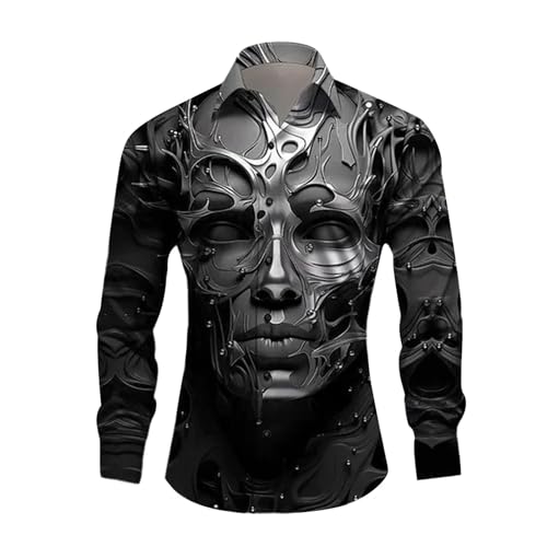 Caxndycing Langarmhemd Herren mit Totenkopf-Print Lässiges 3D-Digital-Kreativdruck-Hemd Hawaiihemd Party Halloween Bedrucktes Hemden Langarm Umlegekragen Kostüm Versteckte Knopfleiste von Caxndycing
