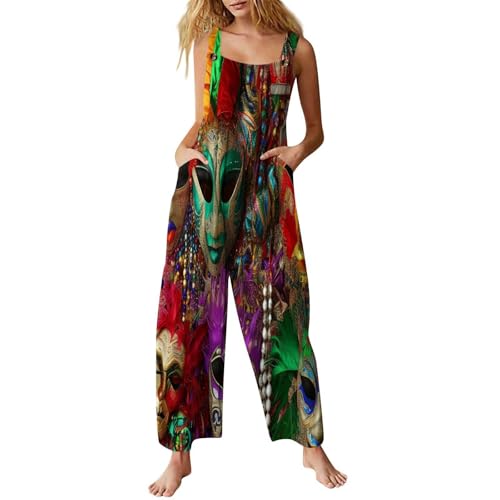 Caxndycing Latzhose Damen Totenkopf Drucken Und Blumendruck Ärmelloser Lätzchen Jumpsuits Baggy Jumpsuit Strampler Sommerhose mit Träger Sommer Oversize Trägerhose Beiläufig Loose Pants von Caxndycing