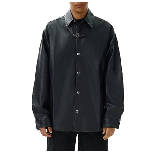 Caxndycing Leatherick Lederhemd Herren Schaffell Klassisches Freizeithemd mit Schwarzem Kragen und Silbernen Messingknöpfen Leder Hemd Langarmshirt Slim Fit Muskel Shirt mit Umlegekragen von Caxndycing