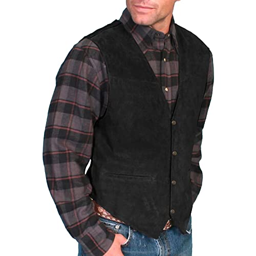 Caxndycing Lederweste Herren Wildleder Biker Trucker Weste Freizeitweste Leder Kutte Braun Druckknöpfe Herren Wildleder Leder Weste Vintage Cowboy Stil Ärmellose Jacke Slim Fit Hochzeit Weste von Caxndycing