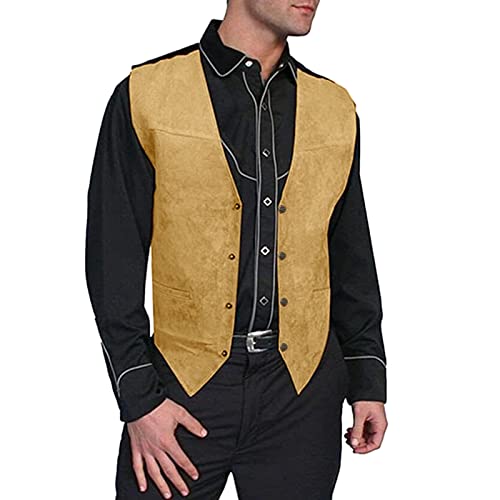 Caxndycing Lederweste Herren Wildleder Biker Trucker Weste Freizeitweste Leder Kutte Braun Druckknöpfe Herren Wildleder Leder Weste Vintage Cowboy Stil Ärmellose Jacke Slim Fit Hochzeit Weste von Caxndycing