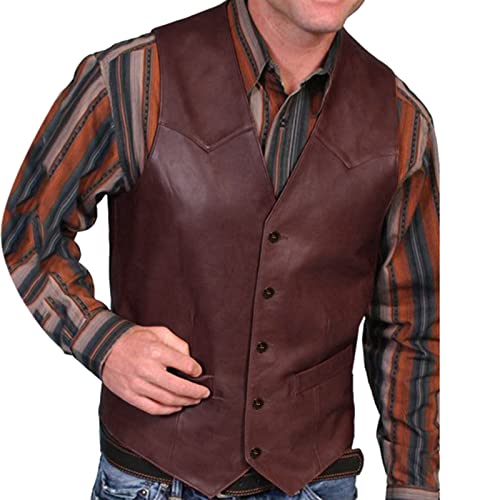 Caxndycing Lederweste Herren Wildleder Biker Trucker Weste Freizeitweste Leder Kutte Braun Druckknöpfe Herren Wildleder Leder Weste Vintage Cowboy Stil Ärmellose Jacke Slim Fit Hochzeit Weste von Caxndycing