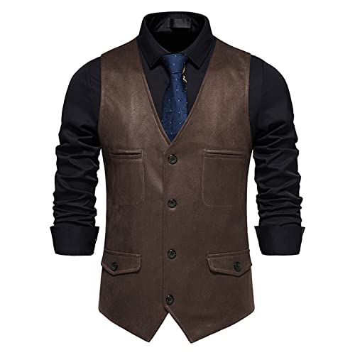 Caxndycing Lederweste Herren Wildleder Biker Trucker Weste Freizeitweste Leder Kutte Braun Druckknöpfe Herren Wildleder Leder Weste Vintage Cowboy Stil Ärmellose Jacke Slim Fit Hochzeit Weste von Caxndycing