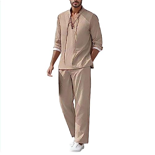 Caxndycing Leinen Freizeitanzug Herren Leinenanzug Sommer 2-Teiliges Shirt Langarm und Strandhose aus Baumwolle und Leinen Hausanzug Jogginganzug Yoga Anzug Sportanzug Outfit von Caxndycing