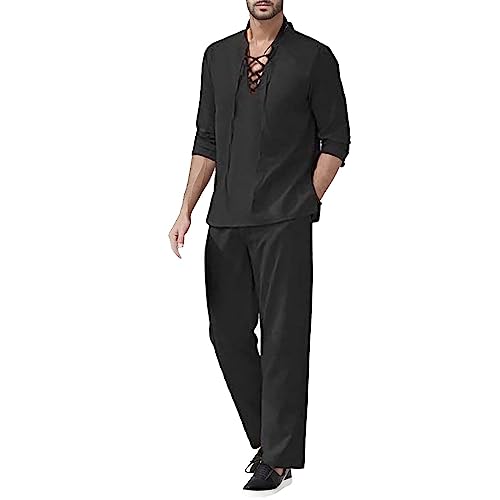 Caxndycing Leinen Freizeitanzug Herren Leinenanzug Sommer 2-Teiliges Shirt Langarm und Strandhose aus Baumwolle und Leinen Hausanzug Jogginganzug Yoga Anzug Sportanzug Outfit von Caxndycing