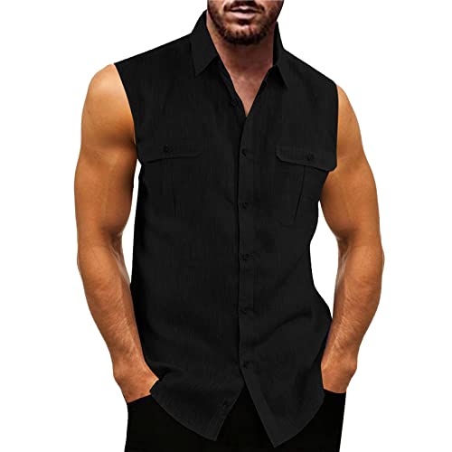 Caxndycing Leinenhemd Herren Ärmellos Lässig Stehkragen Hemd Outdoor Funktionsshirt Bluse Shirt mit 2 Brust-Tasche Sommer Urlaub Freizeit Hemdbluse von Caxndycing