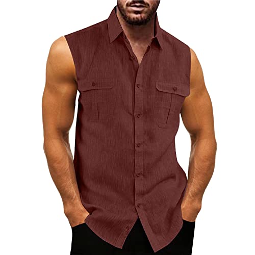 Caxndycing Leinenhemd Herren Ärmellos Lässig Stehkragen Hemd Outdoor Funktionsshirt Bluse Shirt mit 2 Brust-Tasche Sommer Urlaub Freizeit Hemdbluse von Caxndycing