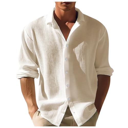 Caxndycing Leinenhemd Herren Langarm Musselin Hemd Leichte Strandhemd Business Casual Oberteile Einfarbige Trachtenhemd Baumwolle Leinen Freizeithemd Casual Oberteile von Caxndycing