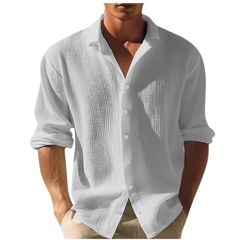 Caxndycing Leinenhemd Herren Langarm Musselin Hemd Leichte Strandhemd Business Casual Oberteile Einfarbige Trachtenhemd Baumwolle Leinen Freizeithemd Casual Oberteile von Caxndycing