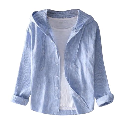 Caxndycing Leinenhemd Herren Langarm mit Kapuzen Baumwolle Leinen Hoodie Einfarbig Knopfleiste Hoody Langarm Hemd mit Kapuze UV Sweatjacke Leichte Hemdjacke Modische Freizeitjacke von Caxndycing