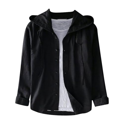 Caxndycing Leinenhemd Herren Langarm mit Kapuzen Baumwolle Leinen Hoodie Einfarbig Knopfleiste Hoody Langarm Hemd mit Kapuze UV Sweatjacke Leichte Hemdjacke Modische Freizeitjacke von Caxndycing