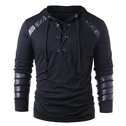 Caxndycing Männer Gothic Steampunk Hoodie Retro Lace-up Langarm Pullover V-Ausschnitt Nähte Leder Rüstung Sweatshirt Mittelalter Ritter Kostüm Bluse Tops Vintage Patchwork Outfit von Caxndycing