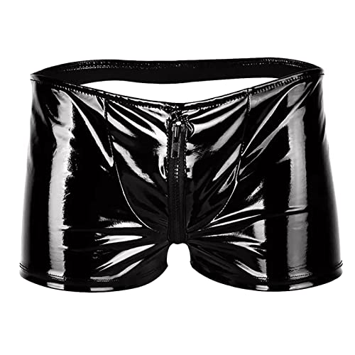 Caxndycing Männer Lack-Optik Ledershort Pants Gittergewebe Boxer Shorts Latex ähnliche Slips Sports Mittlere Taille Sexy PU Leather Unterhosen Boxershorts Bunt Herren Sport Unterwäsche von Caxndycing