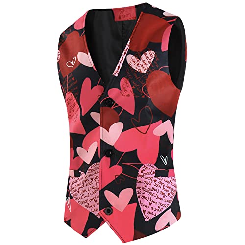 Caxndycing Männer Valentinstag Casual 3D Digital Herz Druck V-Ausschnitt Knopftasche Ärmellose Top Anzug Weste V-Ausschnitt Ärmellose Westen Slim Fit Anzug von Caxndycing