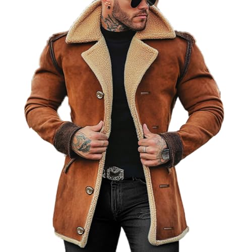 Caxndycing Mantel Herren Lang Lederjacke Wildleder Wintermantel mit Fell-Kragen Kerbkragen Ledermantel Einfarbig Winterjacke Thermo Einreihig Vintage Bikejacke Mottorradjacke von Caxndycing