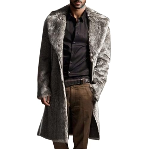 Caxndycing Mantel Herren Lange Fellmantel Kunst Felljacke Plüsch Winterjacke Warm Mantel Pelzjacke Langarm Revers Faux Pelz Jacke Cardigan Lang Trenchcoat Wintermantel für Business Freizeit von Caxndycing