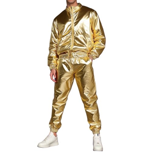 Caxndycing Metallic Anzug Herren Glänzend Trainingsanzug Langarm Stehkragen Bomberjacke und Hose 70er 80er Jahre Hippie Disco Outfit Clubwear Mottoparty Halloween Kostüm von Caxndycing