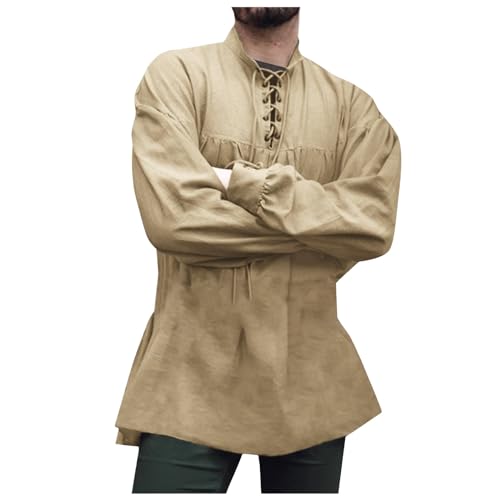 Caxndycing Mittelalter Hemd Herren Langarm Hemd Vintage Mittelalter Kleidung Herren Traditioneller Retro-Stil Schnürung Hemd von Caxndycing