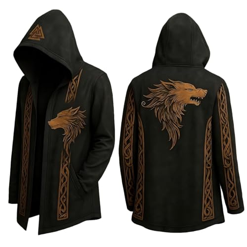 Caxndycing Motorrad Jacke Herren Nordischer Mythos Motorradjacke Lang Trenchcoat Mittellang Strickjacke mit Kapuze 3D Gedruckt Mantel Vintage Biker Jacke Mittelalterliches Sweatjacke von Caxndycing