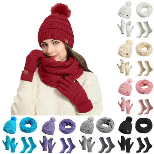 Caxndycing Mütze Schal Handschuh Sets für Damen 4 in 1 Strickmütze Schal mit Fleecefutter Touchscreen Handschuhe Winterzubehör Ski-Set Wärmer Baumwollsocken von Caxndycing