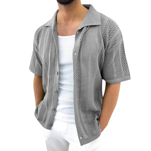 Caxndycing Netz Cardigan Herren Sommer Transparent Kurzarm Strickjacke Durchsichtige Leichte Dünn Jacke Atmungsaktiv Hollow Kurzarmhemd Knopfleiste Sommerjacke Casual Urlaub Shirt von Caxndycing