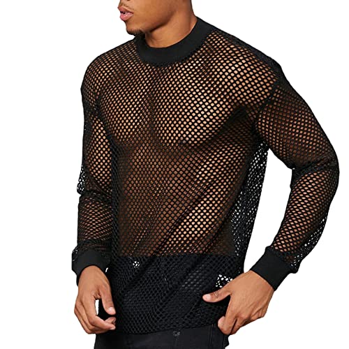 Caxndycing Netzhemd Herren Langarm Netzoberteil Einfarbig Transparent Longsleeve Unterwäsche Freizeithemd Netz Shirt Top Mesh Unterwäsche Netzhemd Netz Unterhemd sexy Underwear Clubwear von Caxndycing