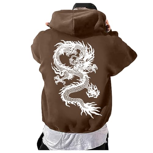 Caxndycing Oversized Hoodie Herren mit Backprint Y2K Lässiger Kapuzenpullover mit Buchstaben Drache Print Sweatjacke Hip Hop Streetwear mit Taschen Kapuzenjacke von Caxndycing