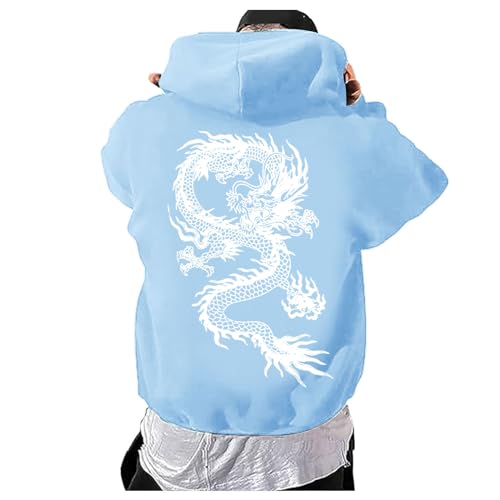 Caxndycing Oversized Hoodie Herren mit Backprint Y2K Lässiger Kapuzenpullover mit Buchstaben Drache Print Sweatjacke Hip Hop Streetwear mit Taschen Kapuzenjacke von Caxndycing