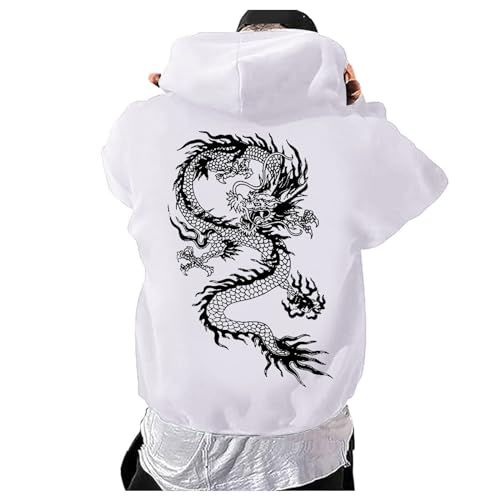 Caxndycing Oversized Hoodie Herren mit Backprint Y2K Lässiger Kapuzenpullover mit Buchstaben Drache Print Sweatjacke Hip Hop Streetwear mit Taschen Kapuzenjacke von Caxndycing
