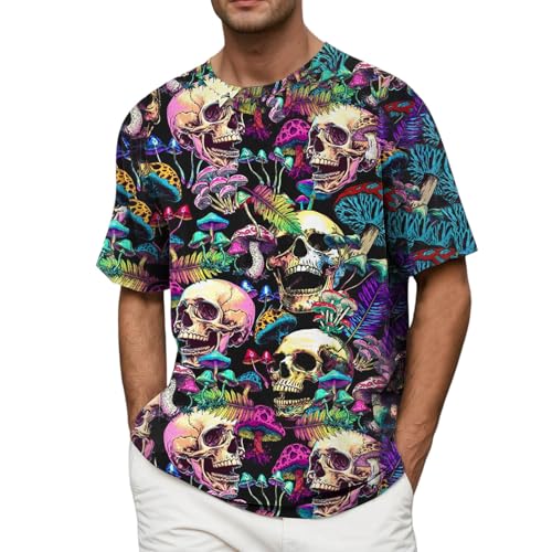 Caxndycing Oversized Tshirt Herren 3D Totenkopf Print T-Shirt mit Rundhalsausschnitt Gothic Skelett Kurzarmshirt Atmungsaktives Bequemes Sportshirt Leichtes Freizeitshirt von Caxndycing