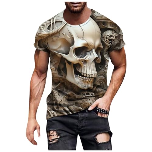 Caxndycing Oversized Tshirt Herren 3D Totenkopf Print T-Shirt mit Rundhalsausschnitt Gothic Skelett Kurzarmshirt Atmungsaktives Bequemes Sportshirt Leichtes Freizeitshirt von Caxndycing
