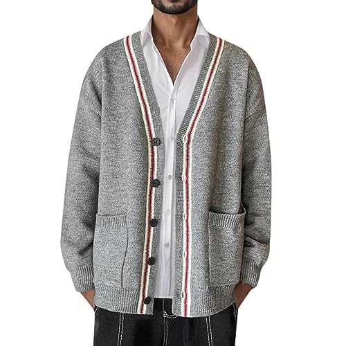 Caxndycing Pullover Herren Strick Winter Lange Einbusige Strickjacke V Ausschnitt Langarm Hals Slim Fit Lässig Gestrickter Strickmantel mit Taschen Schalkragen Lockere Passform Lange Ärmel Sweatjacke von Caxndycing