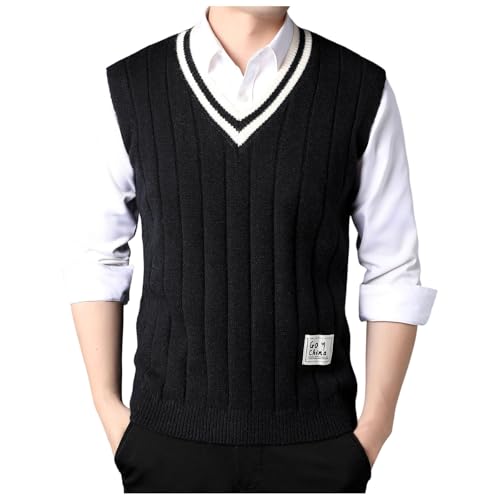 Caxndycing Pullunder Herren Årmellos Trachten Strickweste V-Ausschnitt Gestreifte Pullover aus Zopfmuster Regular Fit Strickjacke Grobstrick Strickpullover Sweater Knitted Tank Top von Caxndycing