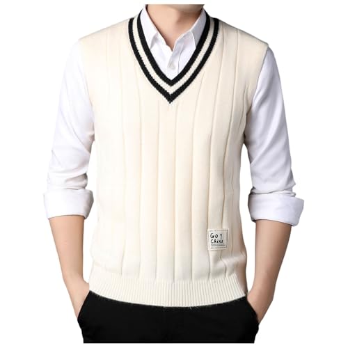 Caxndycing Pullunder Herren Ärmellose Strickweste V-Ausschnitt Strick Pullover Weste Winter Einfarbig Sleeveless Strickpullover für Männer Strickwesten aus Baumwolle von Caxndycing
