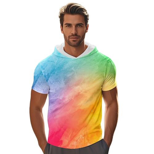 Caxndycing Regenbogen Kapuzenshirt Herren Tshirt Mit Hoodie Kurzarm Hoody LGBTQ Pride Parade Outfit CSD Party Sportshirt Rainbow Flagge Kapuzenshirt Bunt Grafik Sommershirt von Caxndycing