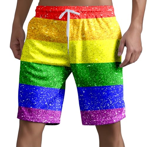 Caxndycing Regenbogen Kurze Hosen Herren Gay Pride Rainbow Flag Sporthose Baggy Freizeithose Atmungsaktiv Sport Shorts LGBTQ Pride Stolzmonat Jogginghose mit Kordelzug Hawaii Laufshorts von Caxndycing